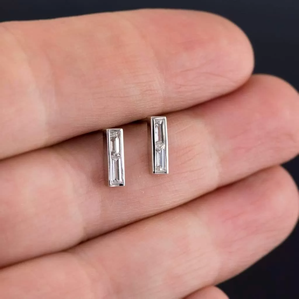 Double Baguette Diamond Bezel Set Bar Stud Earrings