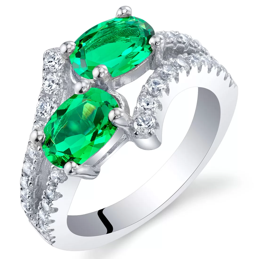 Emerald Two-Stone Ring Sterling Silver Oval Cut 1.50 Carats Size 5