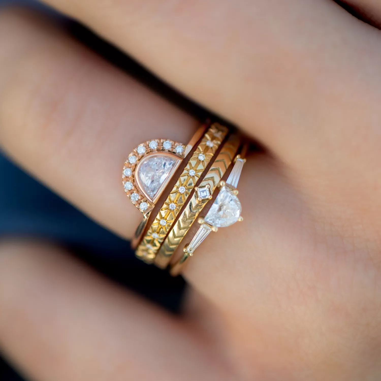 Engraved Geometric Wedding Ring with a Carre Diamond