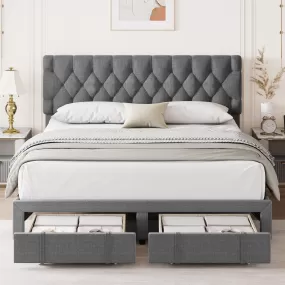 GARVEE Queen Size Bed Frame with 2 Storage Drawers, No Box Spring Needed, Upholstered Platform Bed Frame with Adjustable Button Tufted Headboard, Mattress Foundation with Solid Wooden Slats Support