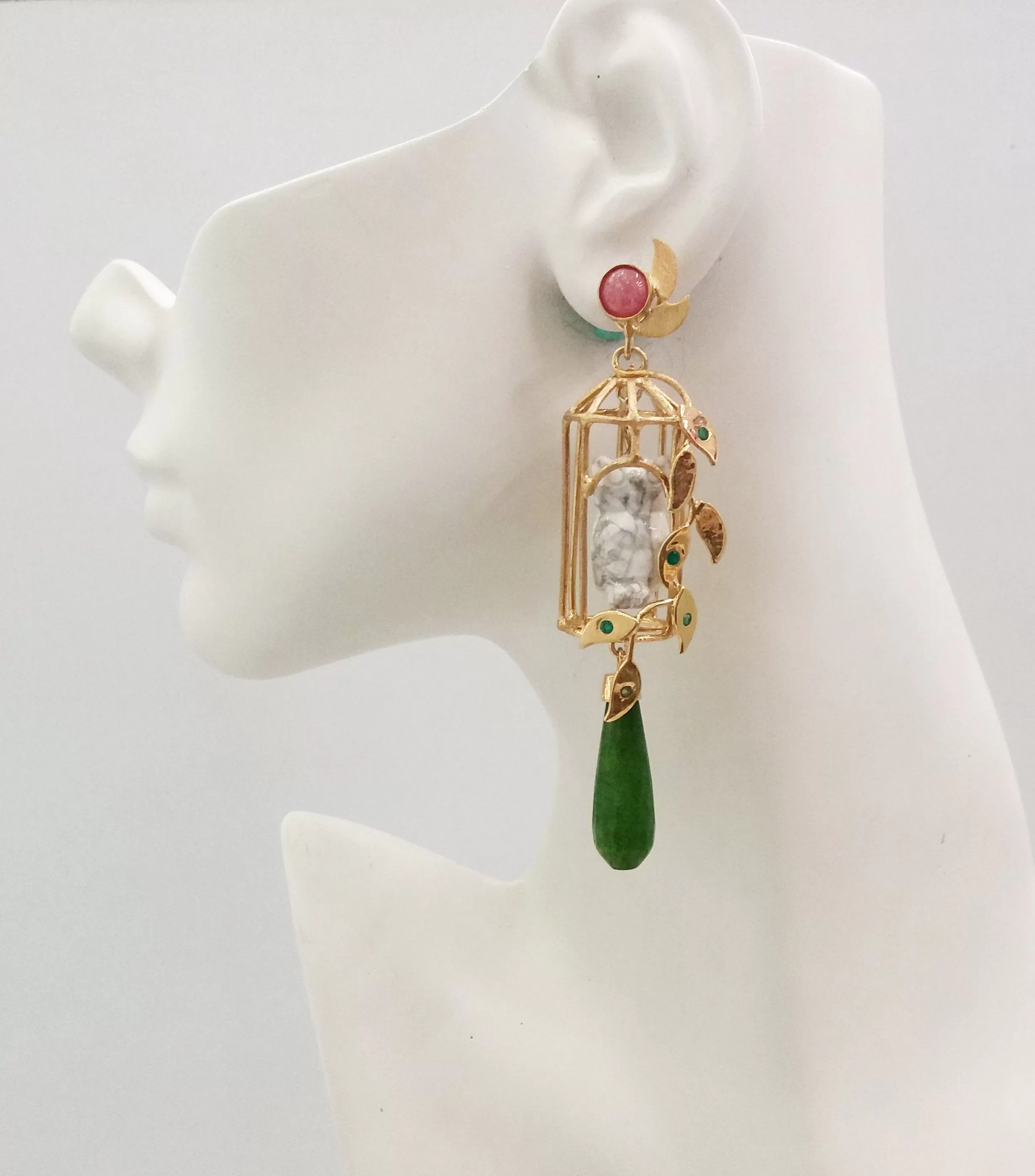 Gazebo Twinset Earrings  Pink Opal studs with detachable dangles in a birdcage design with white howlite carved owls & green jade drops.