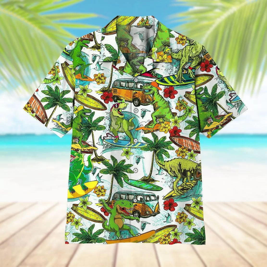 Gearhuman 3D Dinosaur Surfing Hawaii Shirt