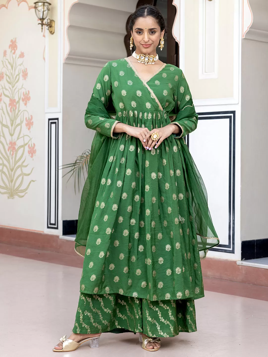 Green Brocade Woven Design Kurta with Palazzo and Dupatta