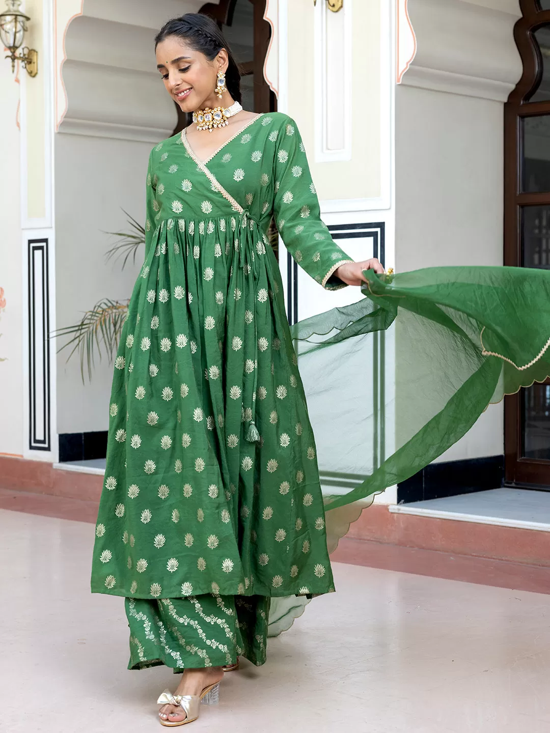 Green Brocade Woven Design Kurta with Palazzo and Dupatta