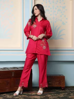 ISHIN Women Embroidered Shirt Collar Shirt And Trouser