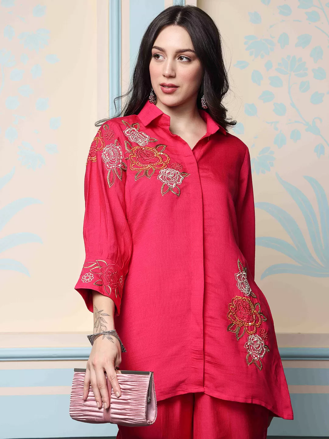 ISHIN Women Embroidered Shirt Collar Shirt And Trouser