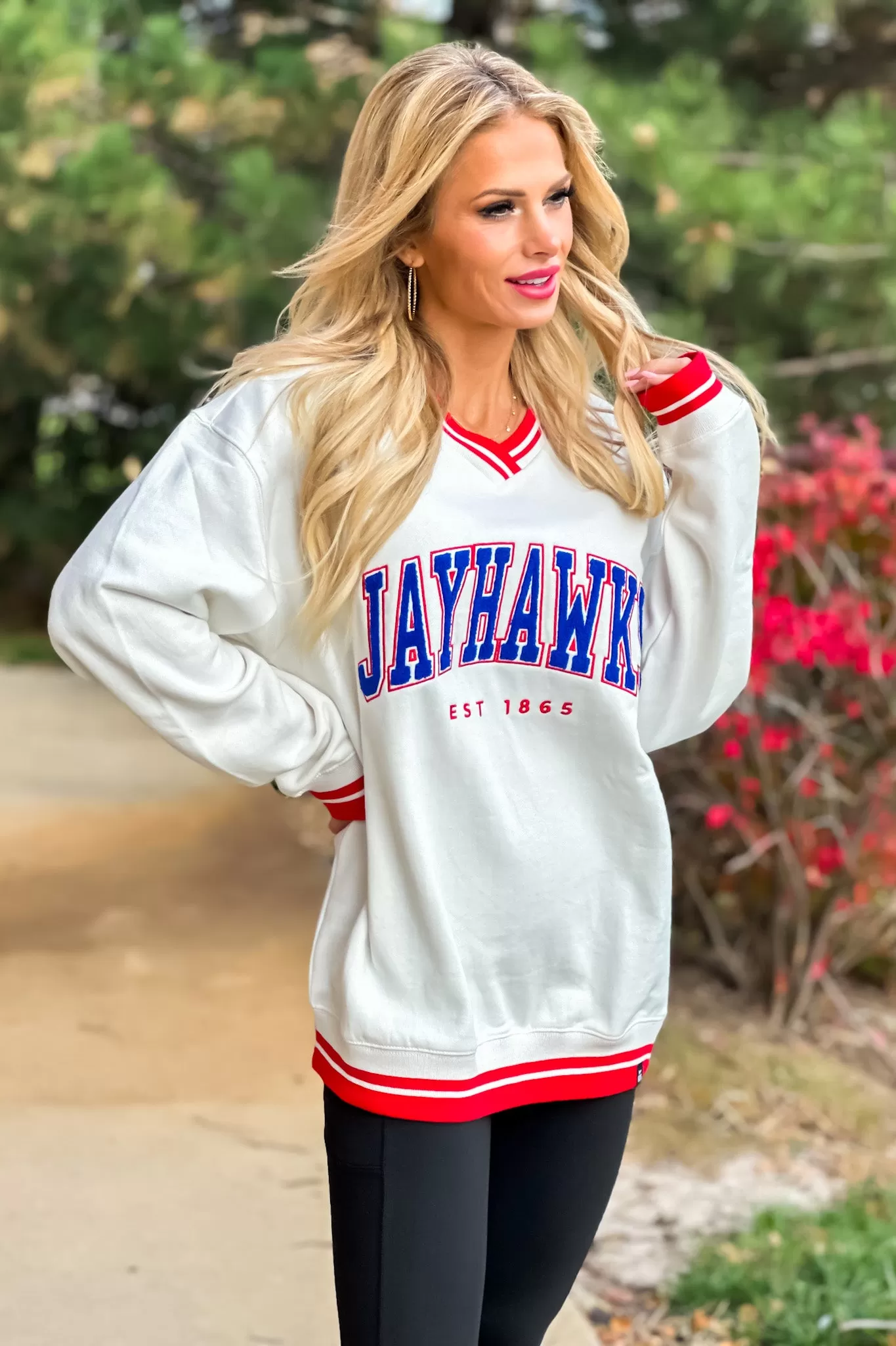 Jayhawks Chenille Letter V-Neck Pullover : White/Red/Blue