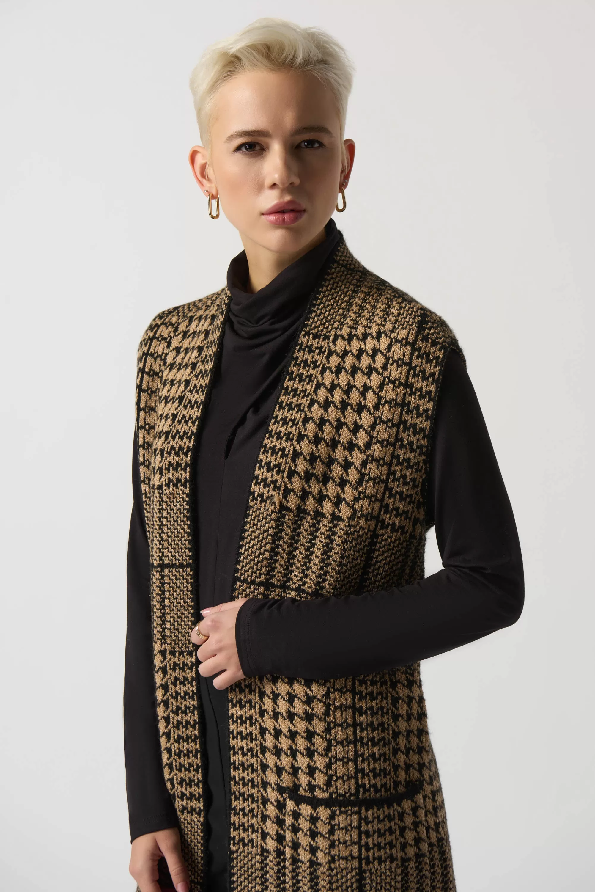 Joseph Ribkoff Houndstooth Vest 233957 - Camel/Black