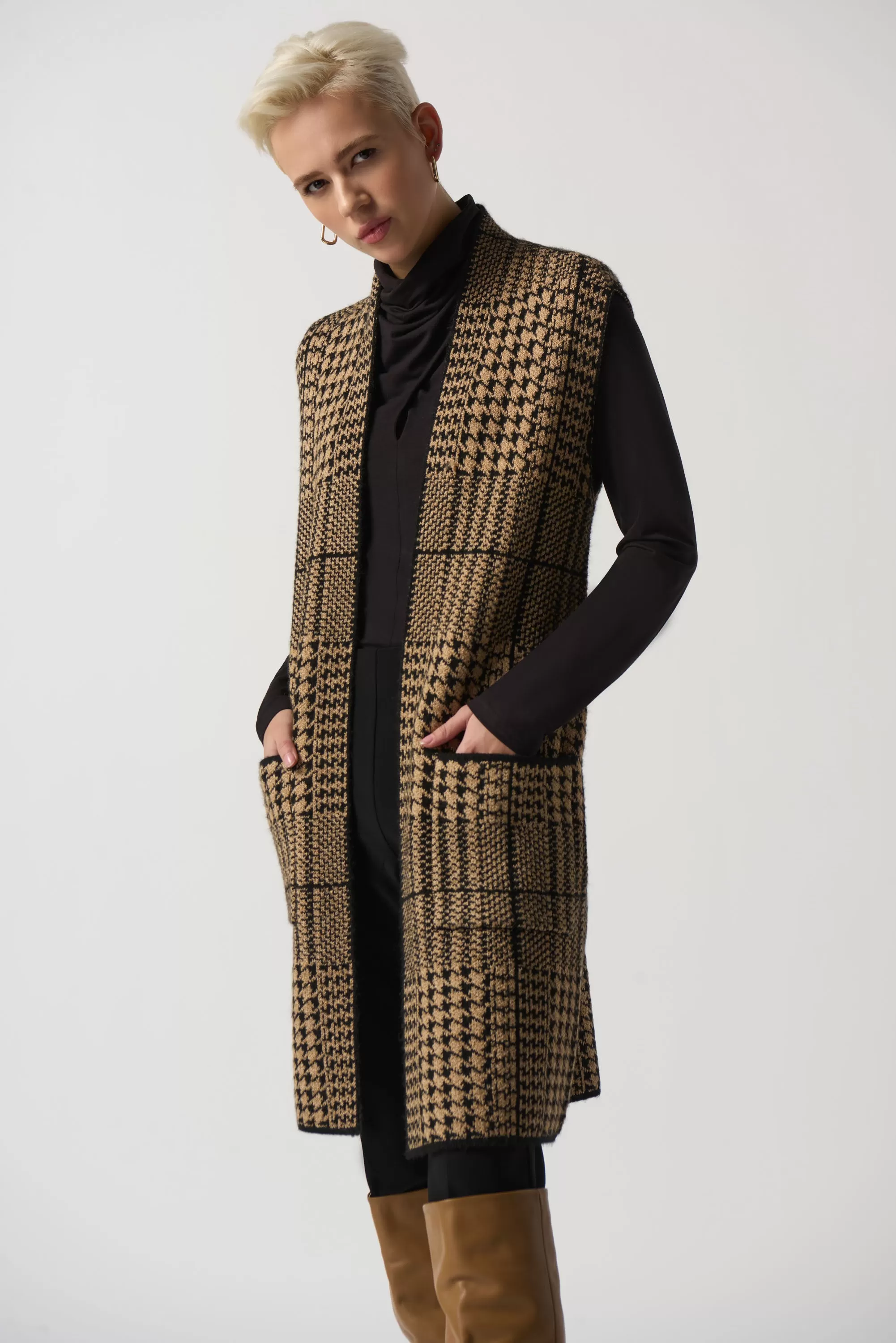 Joseph Ribkoff Houndstooth Vest 233957 - Camel/Black