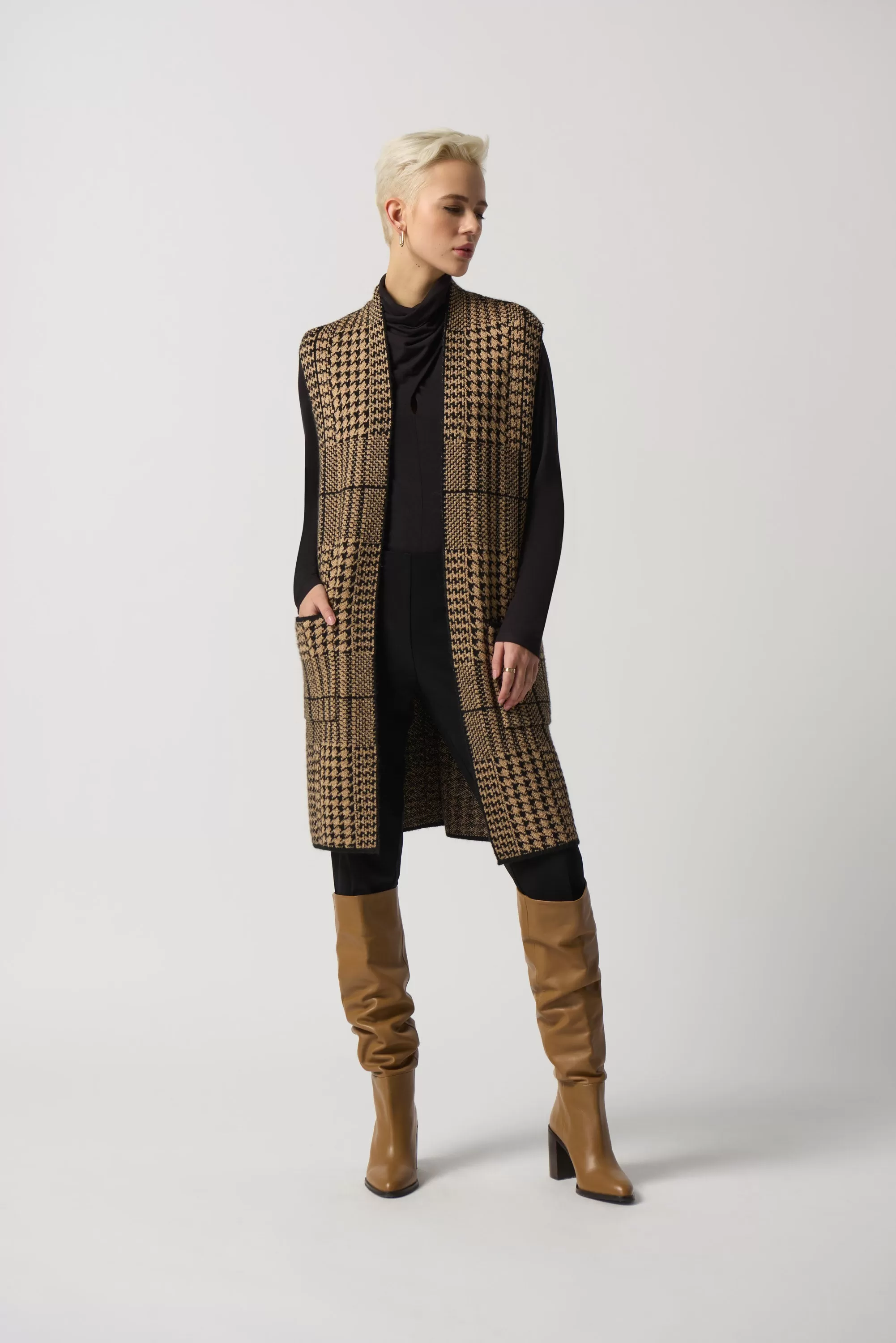 Joseph Ribkoff Houndstooth Vest 233957 - Camel/Black