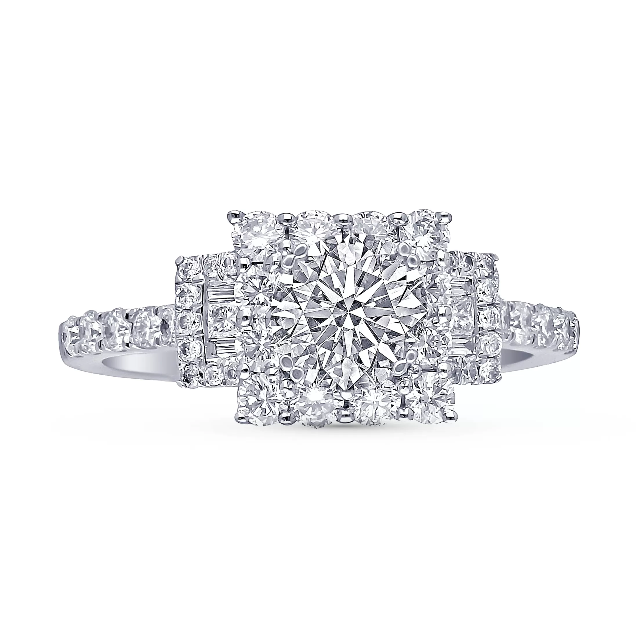 Kallati Eternal Three Stone Cushion Halo Diamond Engagement Ring in 14K White Gold