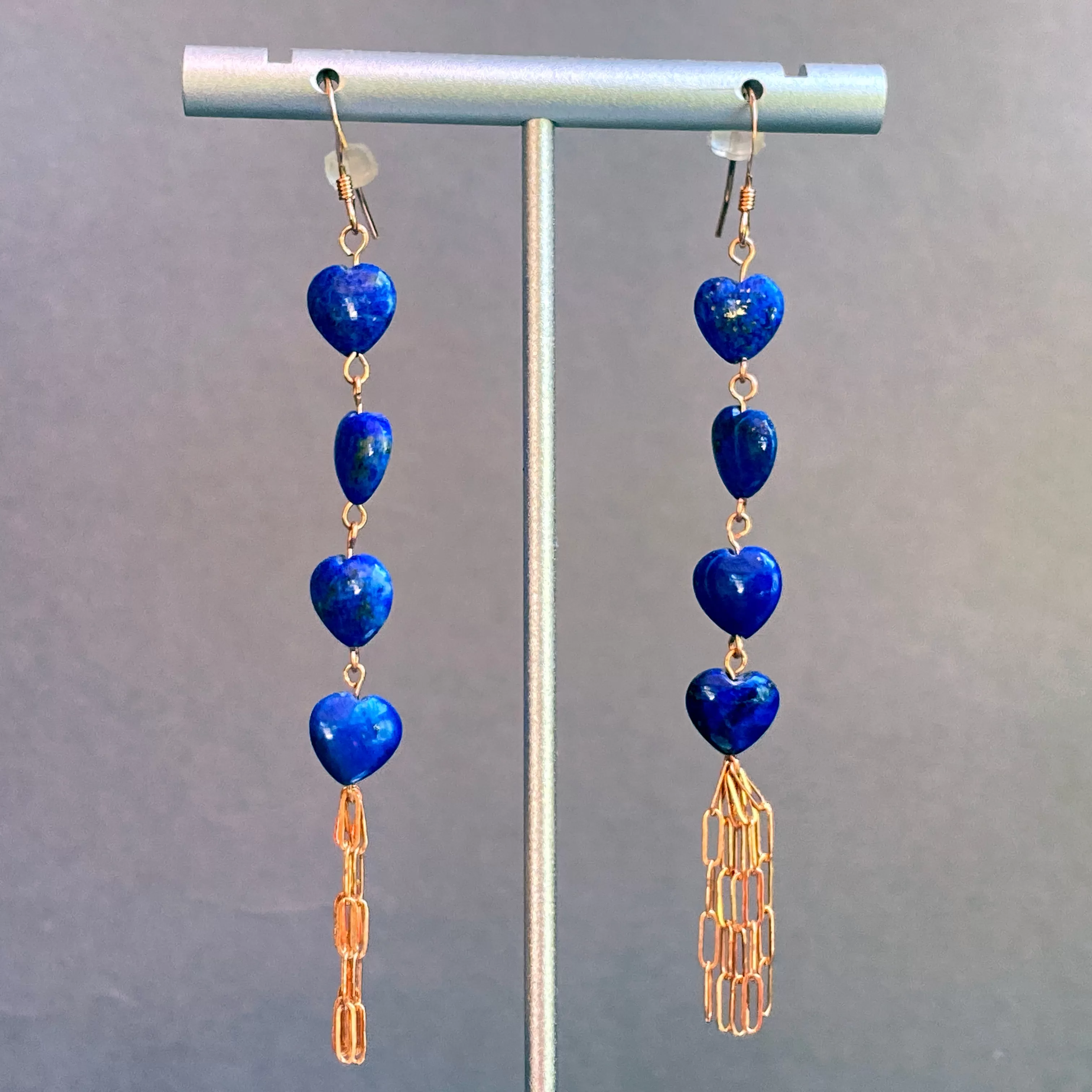 Lapis lazuli gemstone hearts and 14 kt rose GF drop earrings