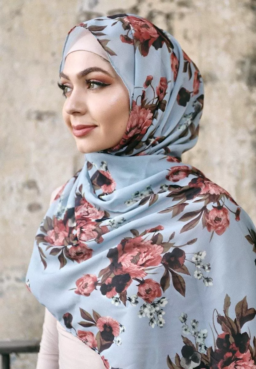 Light Blue and Brown Digital Floral Hijab