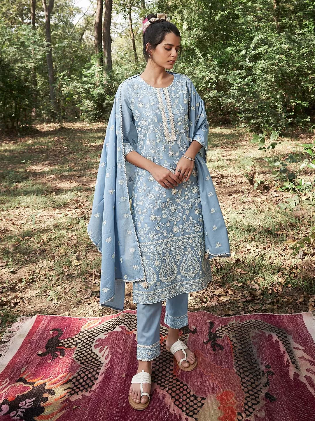 Light Blue Cotton Mul Embroidered Kurta Pant Set