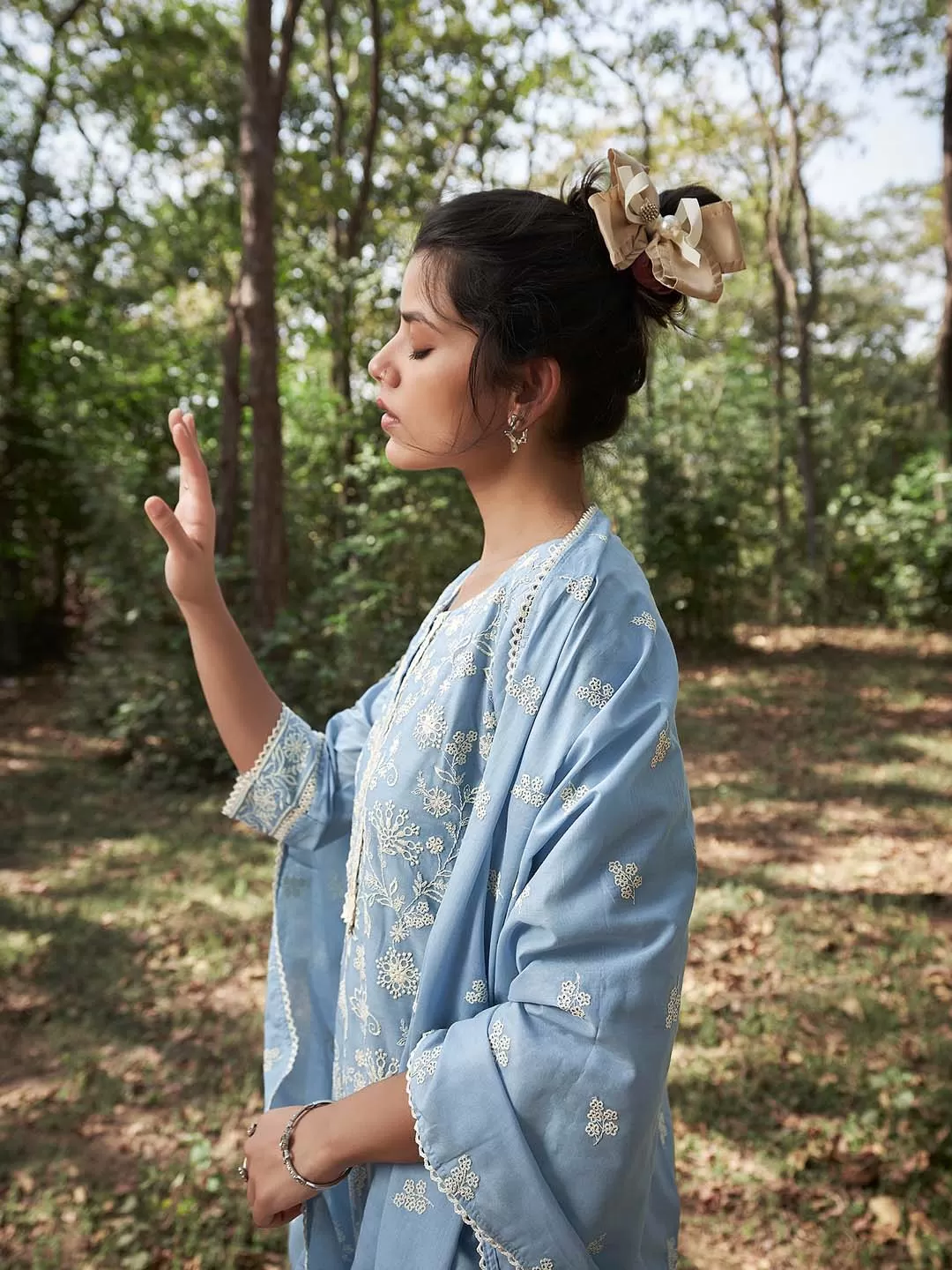 Light Blue Cotton Mul Embroidered Kurta Pant Set