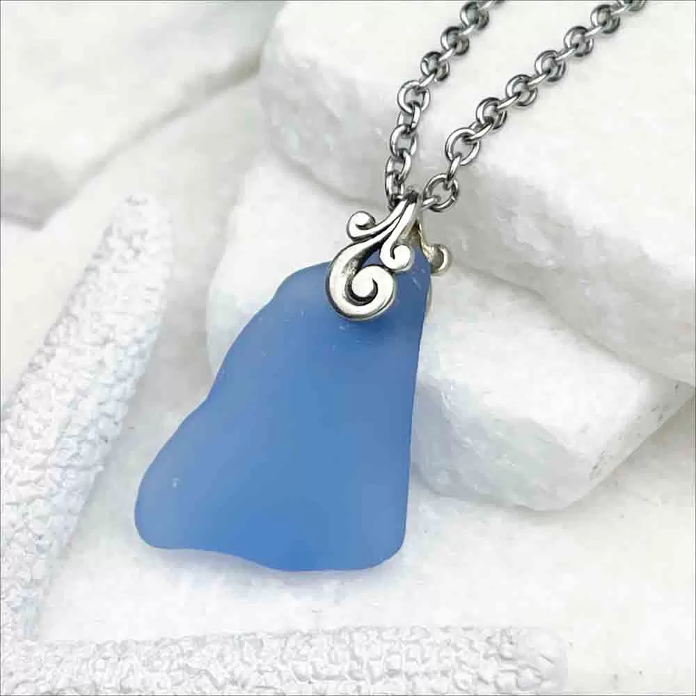 Light Cornflower Blue Sea Glass Pendant with Ocean Waves Bail | #1941