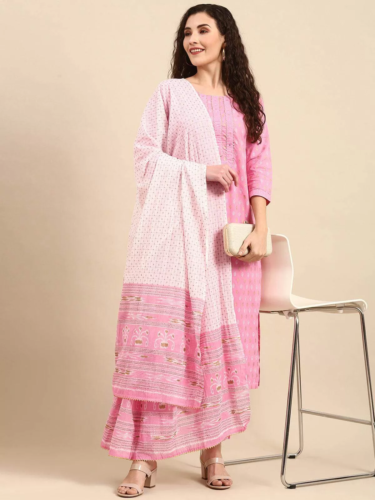 Light Pink Cotton Gold Print Kurta with Pant and Dupatta