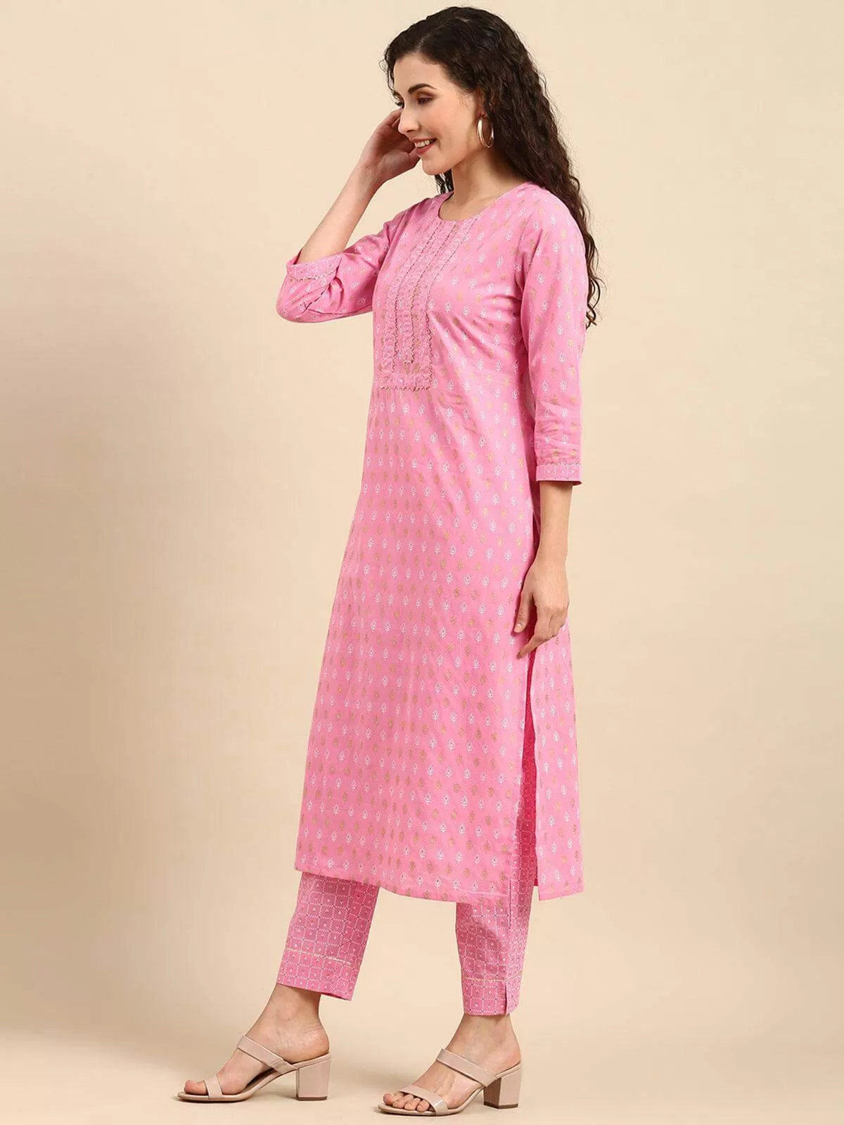 Light Pink Cotton Gold Print Kurta with Pant and Dupatta