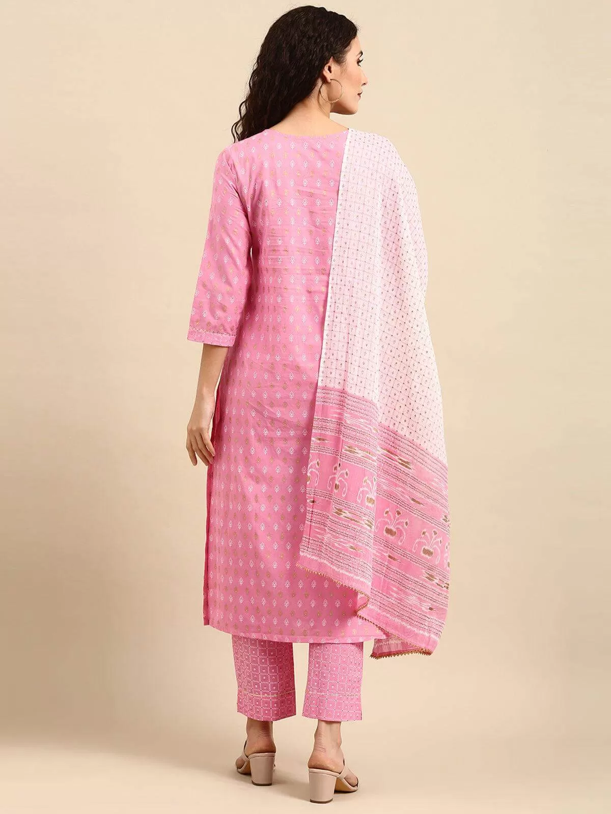 Light Pink Cotton Gold Print Kurta with Pant and Dupatta