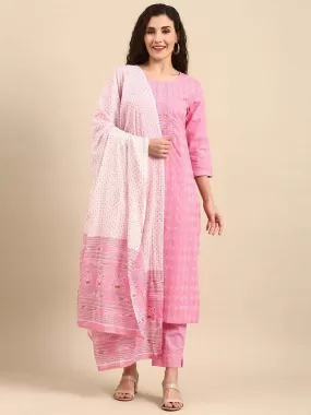 Light Pink Cotton Gold Print Kurta with Pant and Dupatta