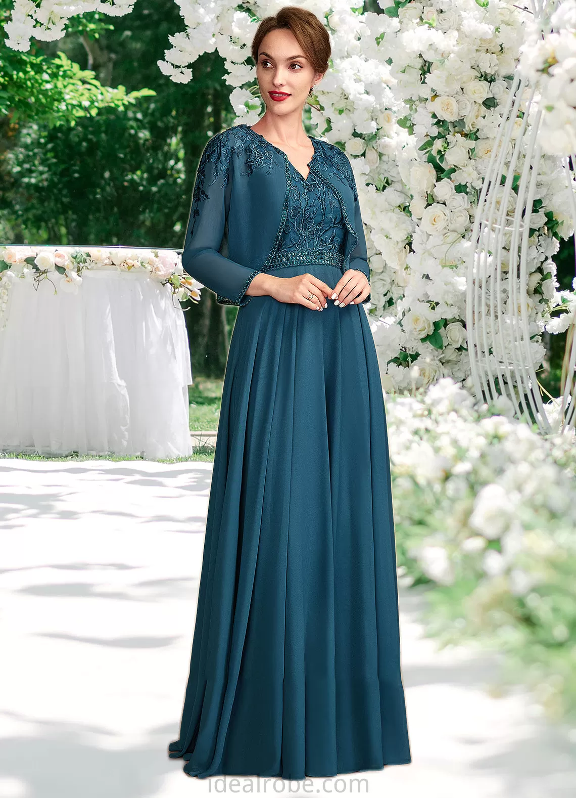 Lillian A-Line V-neck Floor-Length Chiffon Lace Mother of the Bride Dress With Beading Sequins STK126P0015004