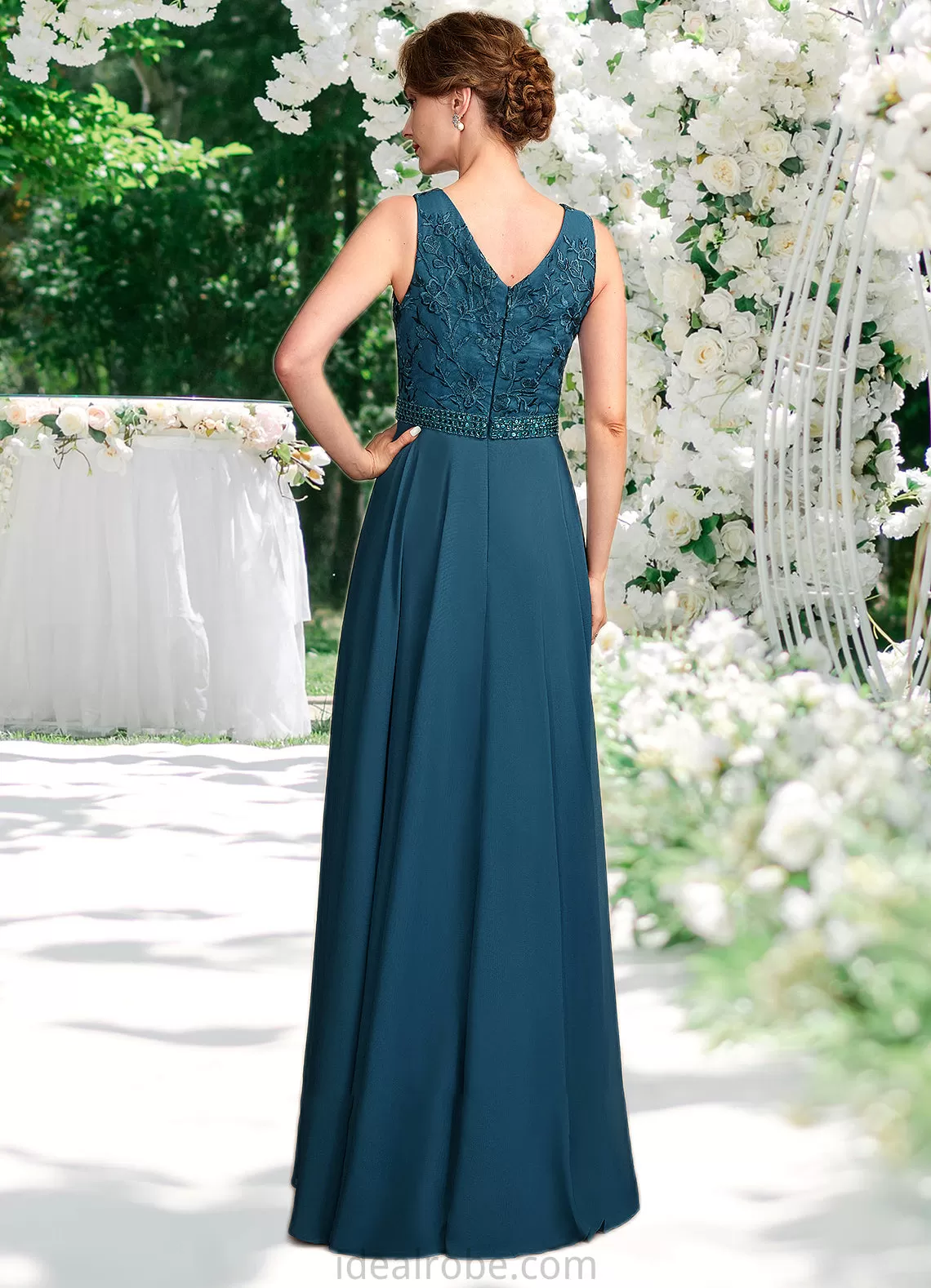 Lillian A-Line V-neck Floor-Length Chiffon Lace Mother of the Bride Dress With Beading Sequins STK126P0015004