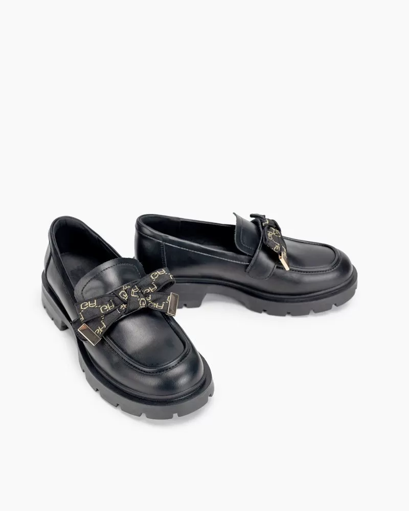 Matte Platform Chunky Loafers with 4 Detachable Velcro Decorations