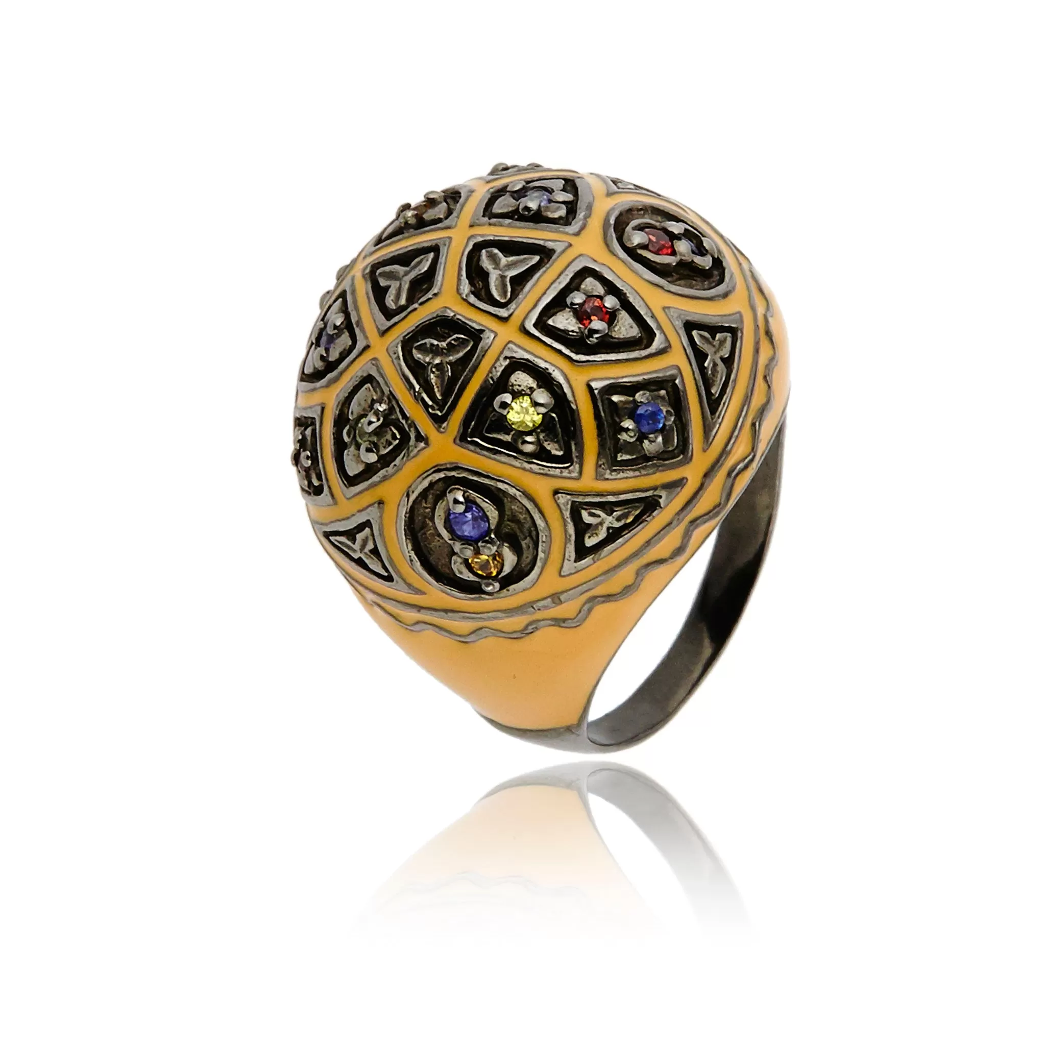 MCL Design Sterling Silver Mosaic Dome Statement Ring with Ivory Pink Enamel & Mixed Sapphires