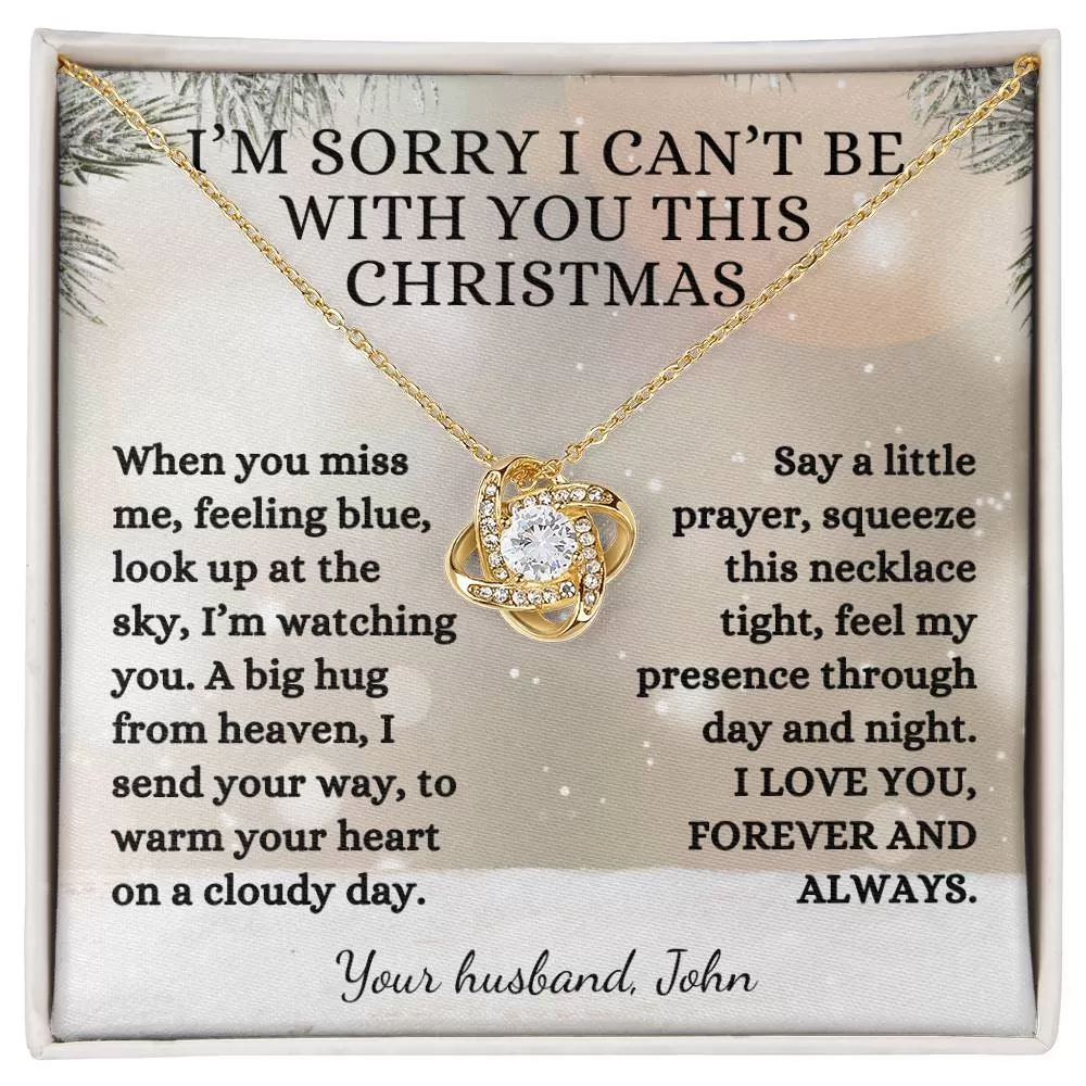 Memorial Gift, Winter Pine I Can't be with you this Christmas Poem with Custom Name, Love Knot Necklace