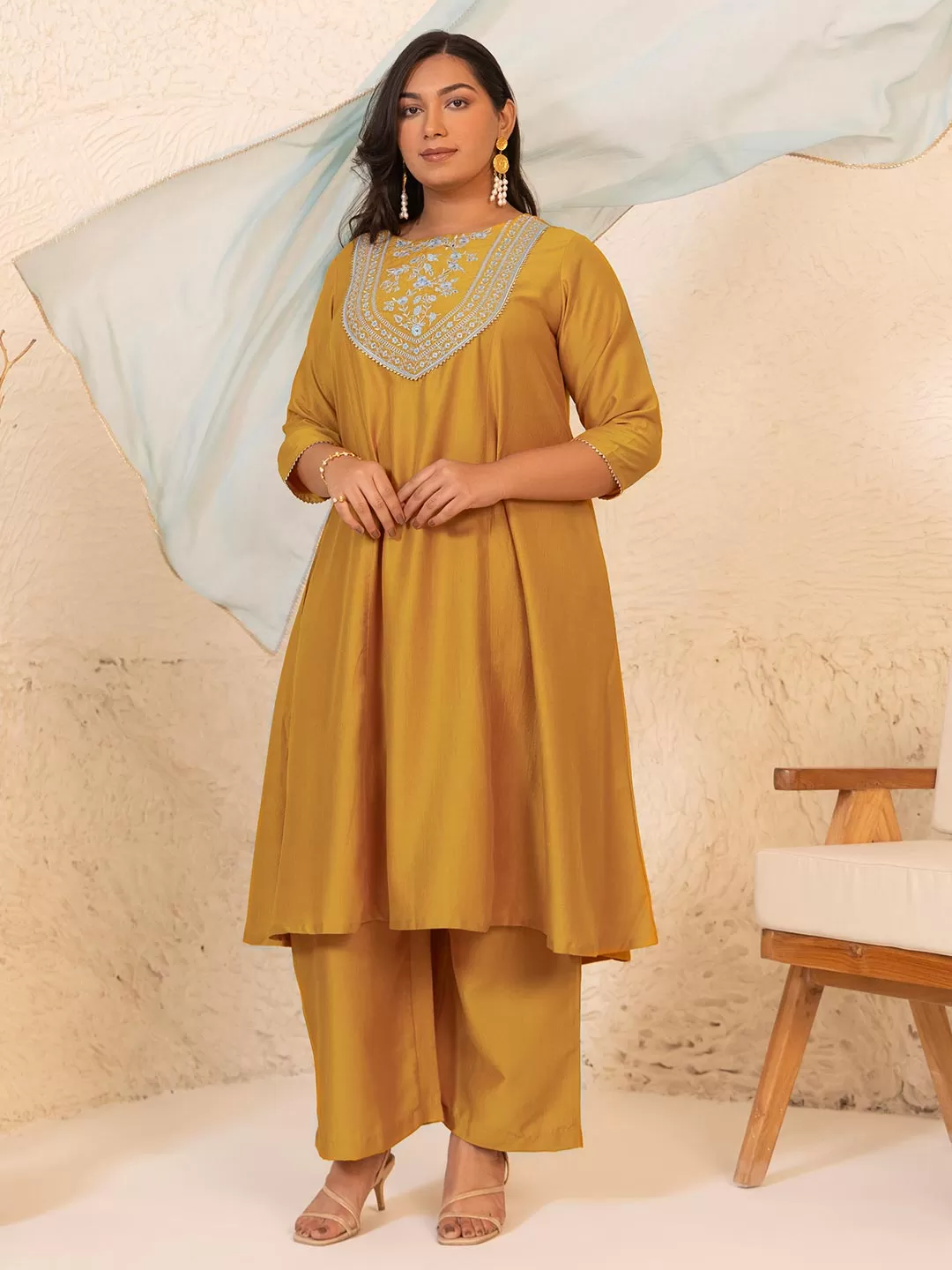 Mustard Chinnon Yoke Embroidery Panelled Kurta Set