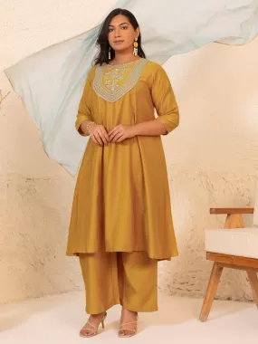 Mustard Chinnon Yoke Embroidery Panelled Kurta Set