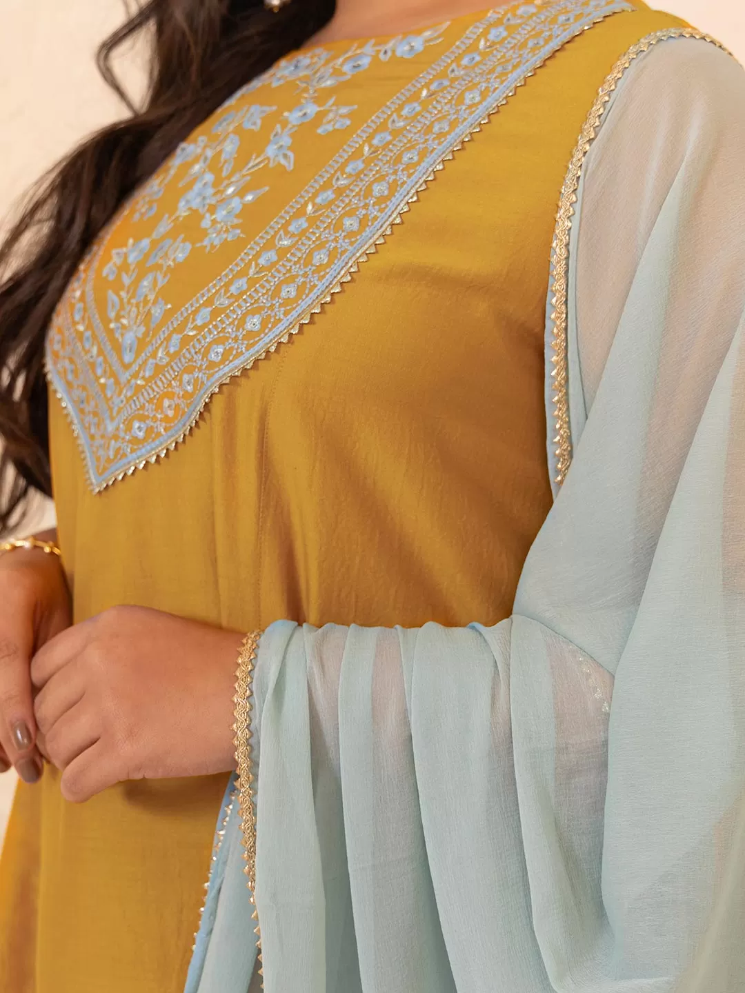 Mustard Chinnon Yoke Embroidery Panelled Kurta Set