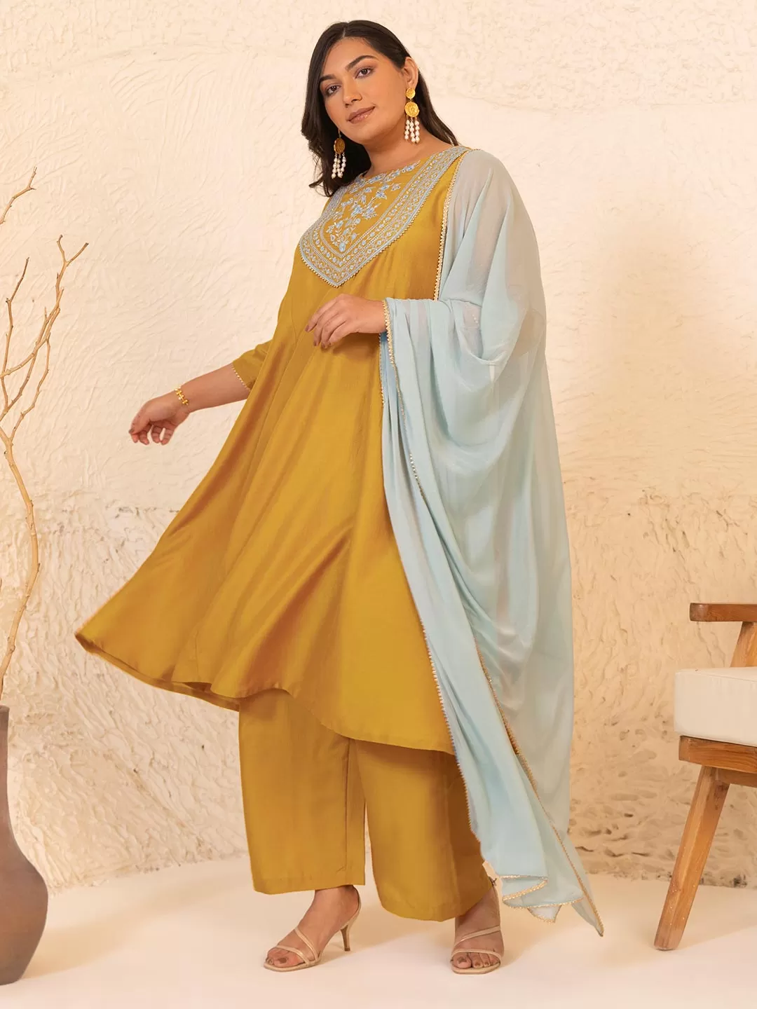 Mustard Chinnon Yoke Embroidery Panelled Kurta Set