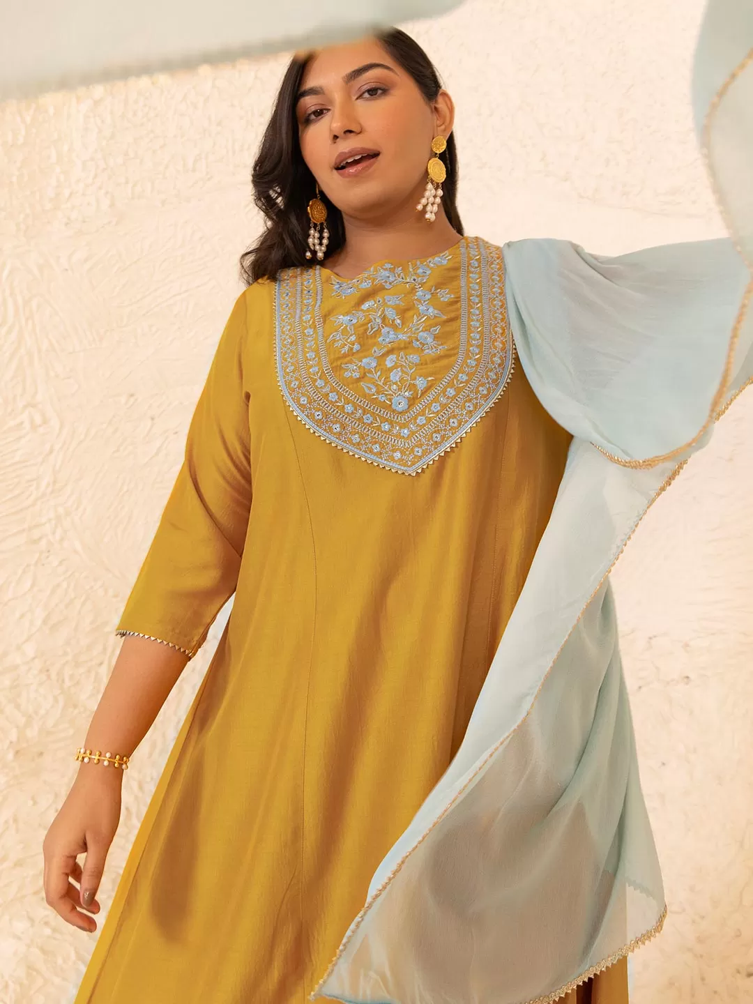 Mustard Chinnon Yoke Embroidery Panelled Kurta Set