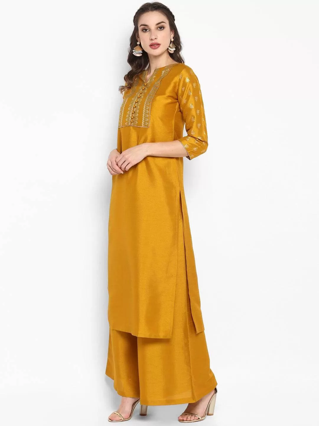 Mustard Poly Silk Floral Print Kurta Palazzo Set