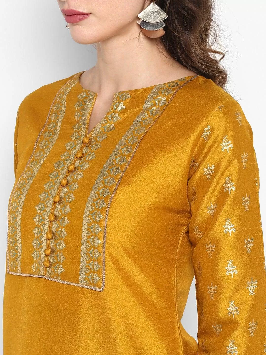 Mustard Poly Silk Floral Print Kurta Palazzo Set