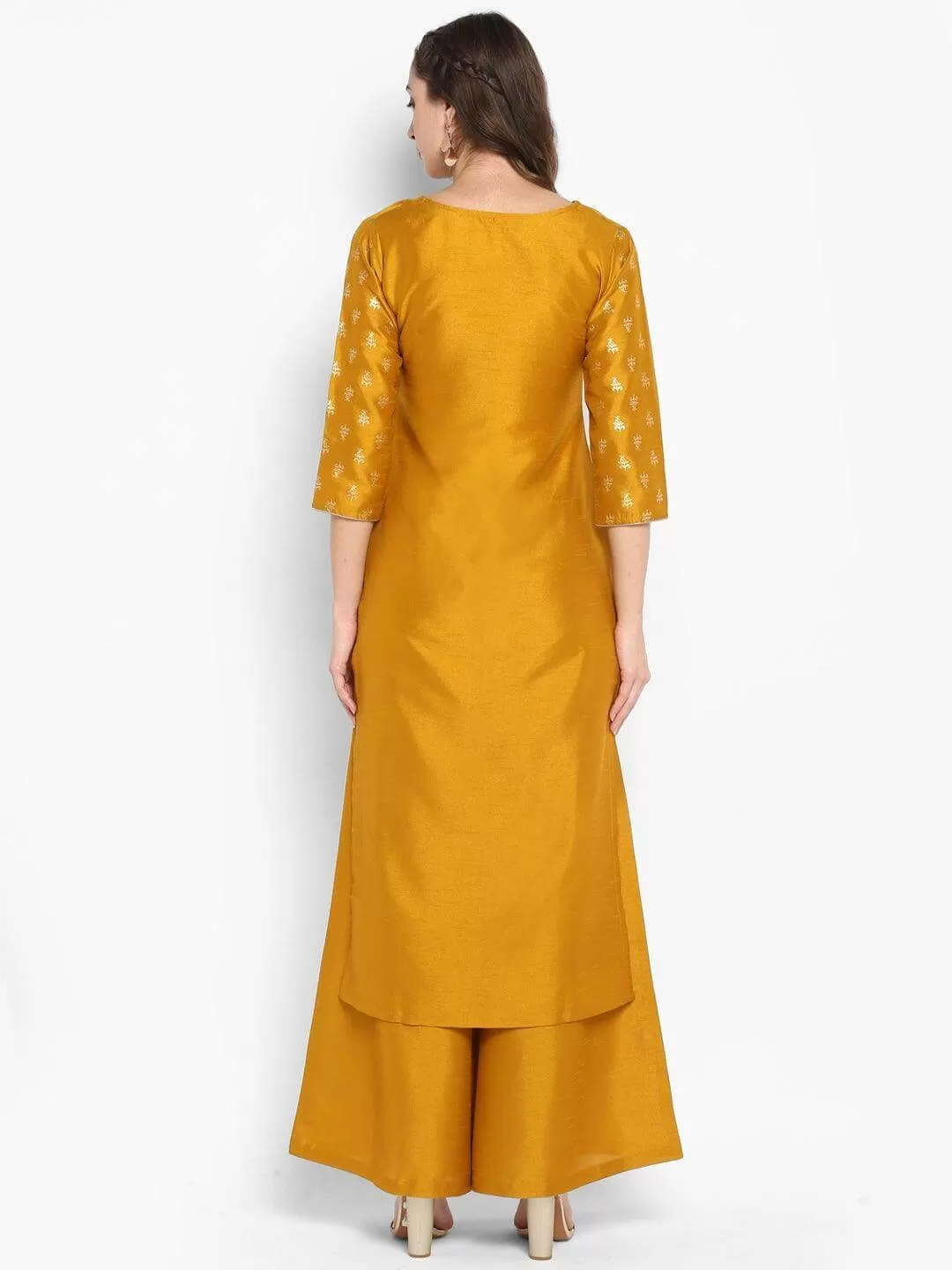 Mustard Poly Silk Floral Print Kurta Palazzo Set