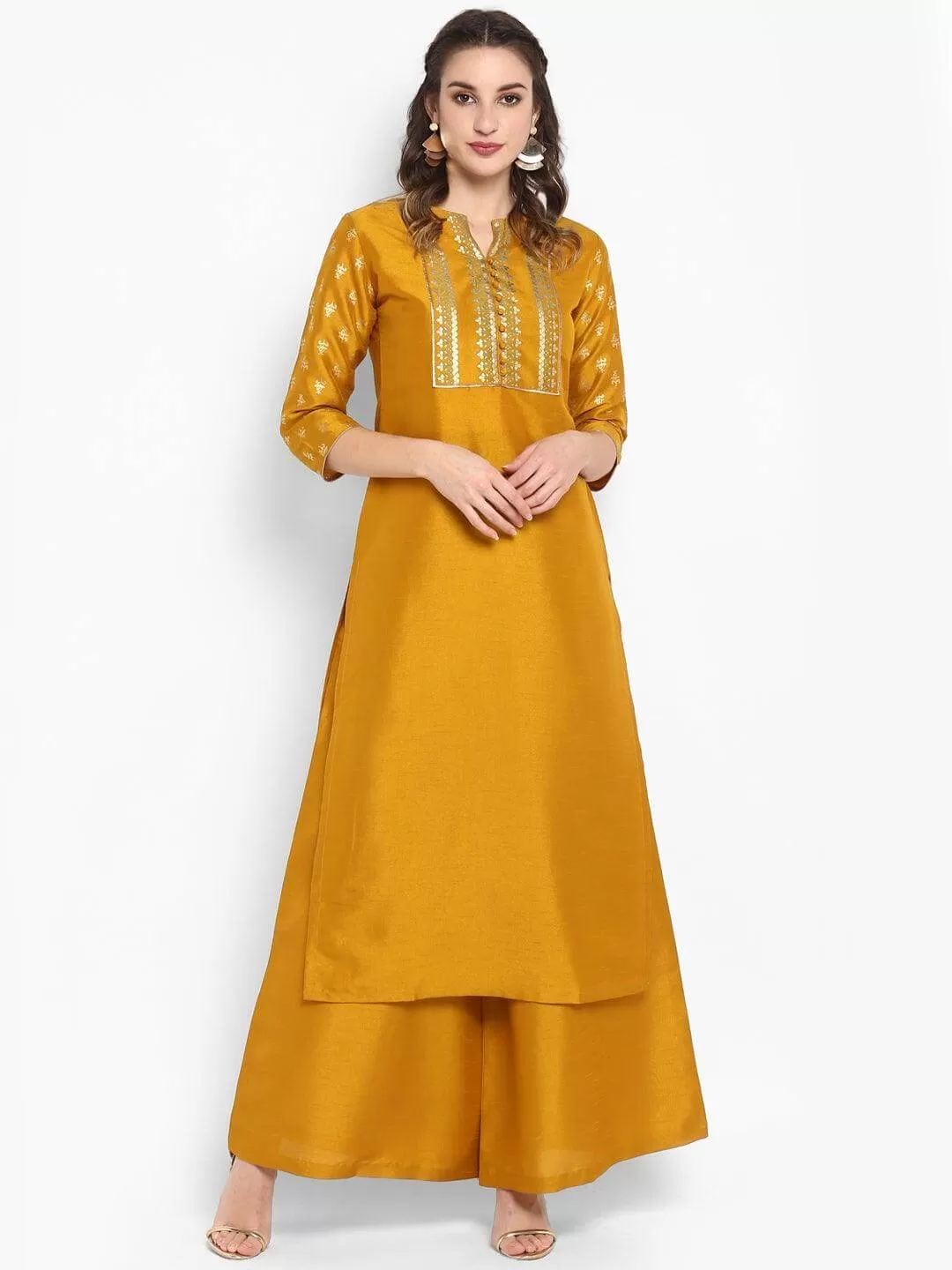 Mustard Poly Silk Floral Print Kurta Palazzo Set