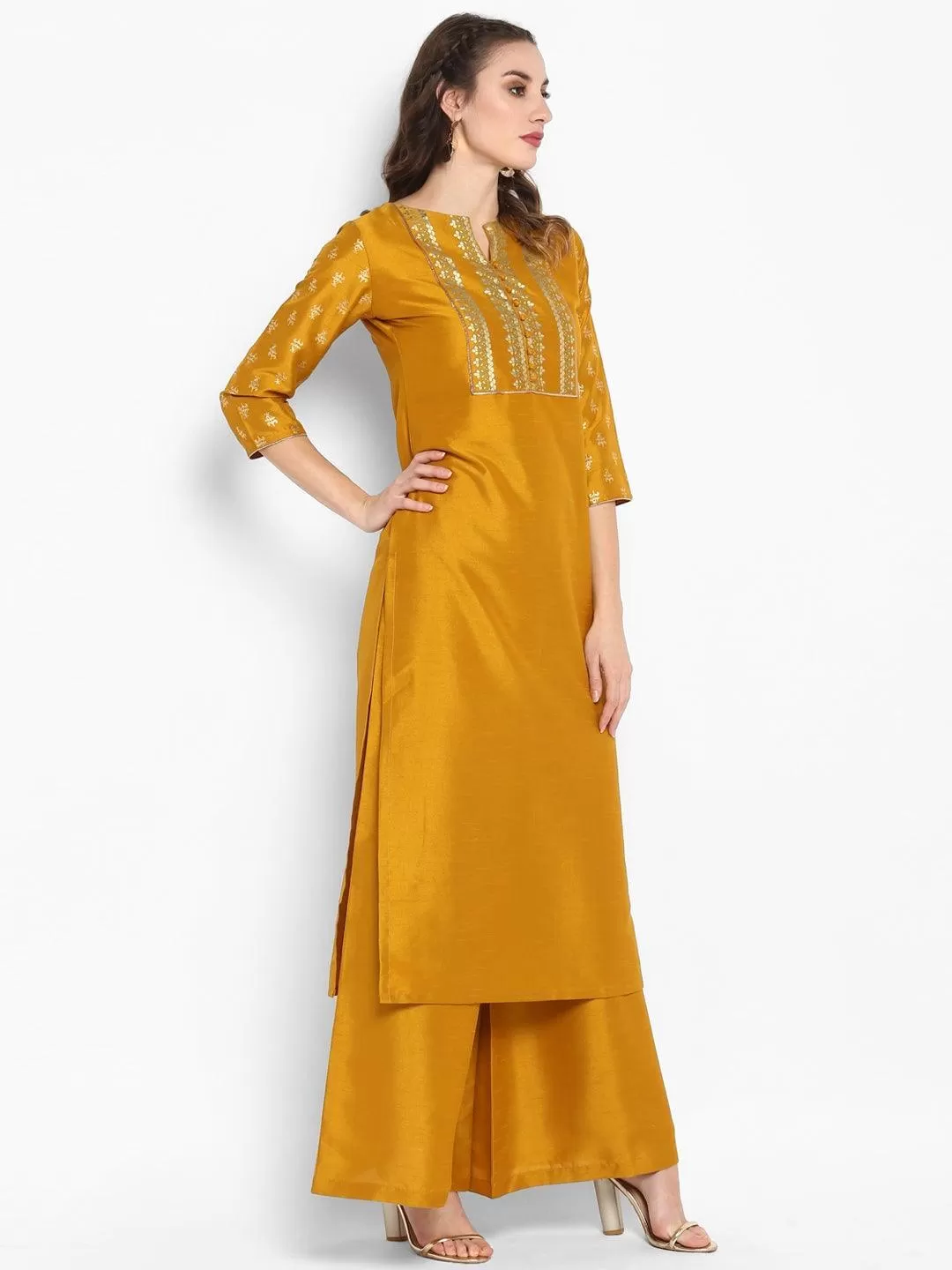 Mustard Poly Silk Floral Print Kurta Palazzo Set