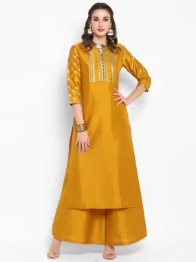 Mustard Poly Silk Floral Print Kurta Palazzo Set