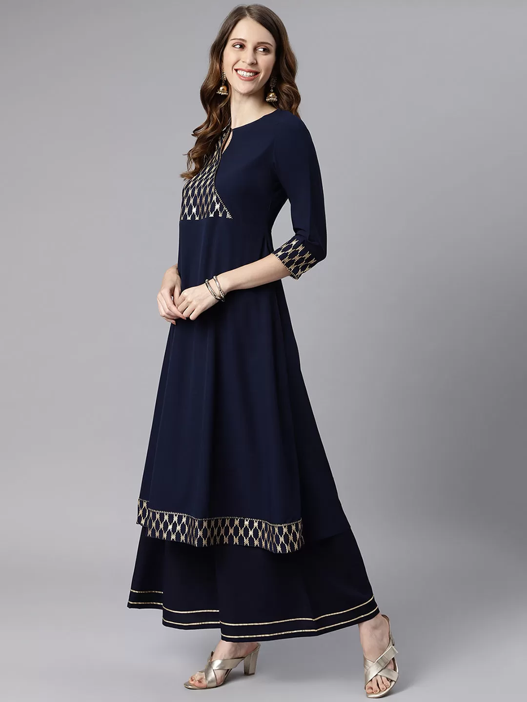 Navy Blue Poly Crepe Ethnic Motifs Flared Kurta