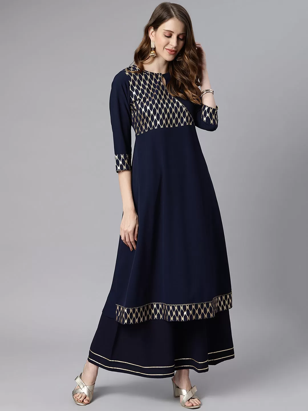 Navy Blue Poly Crepe Ethnic Motifs Flared Kurta