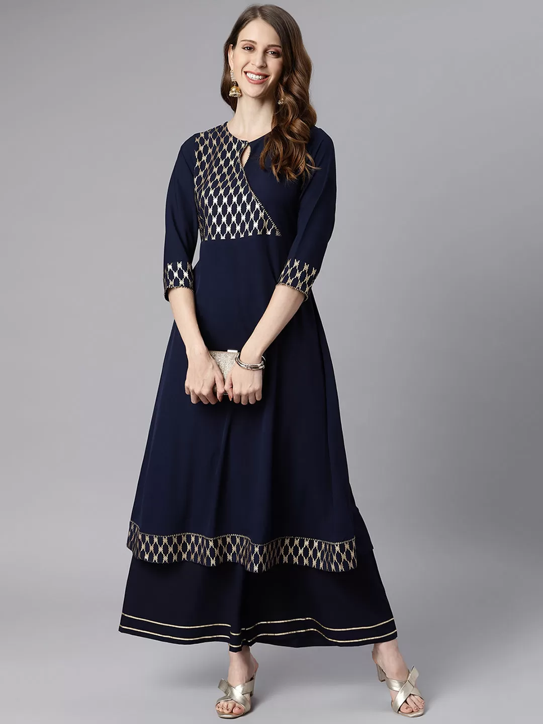 Navy Blue Poly Crepe Ethnic Motifs Flared Kurta