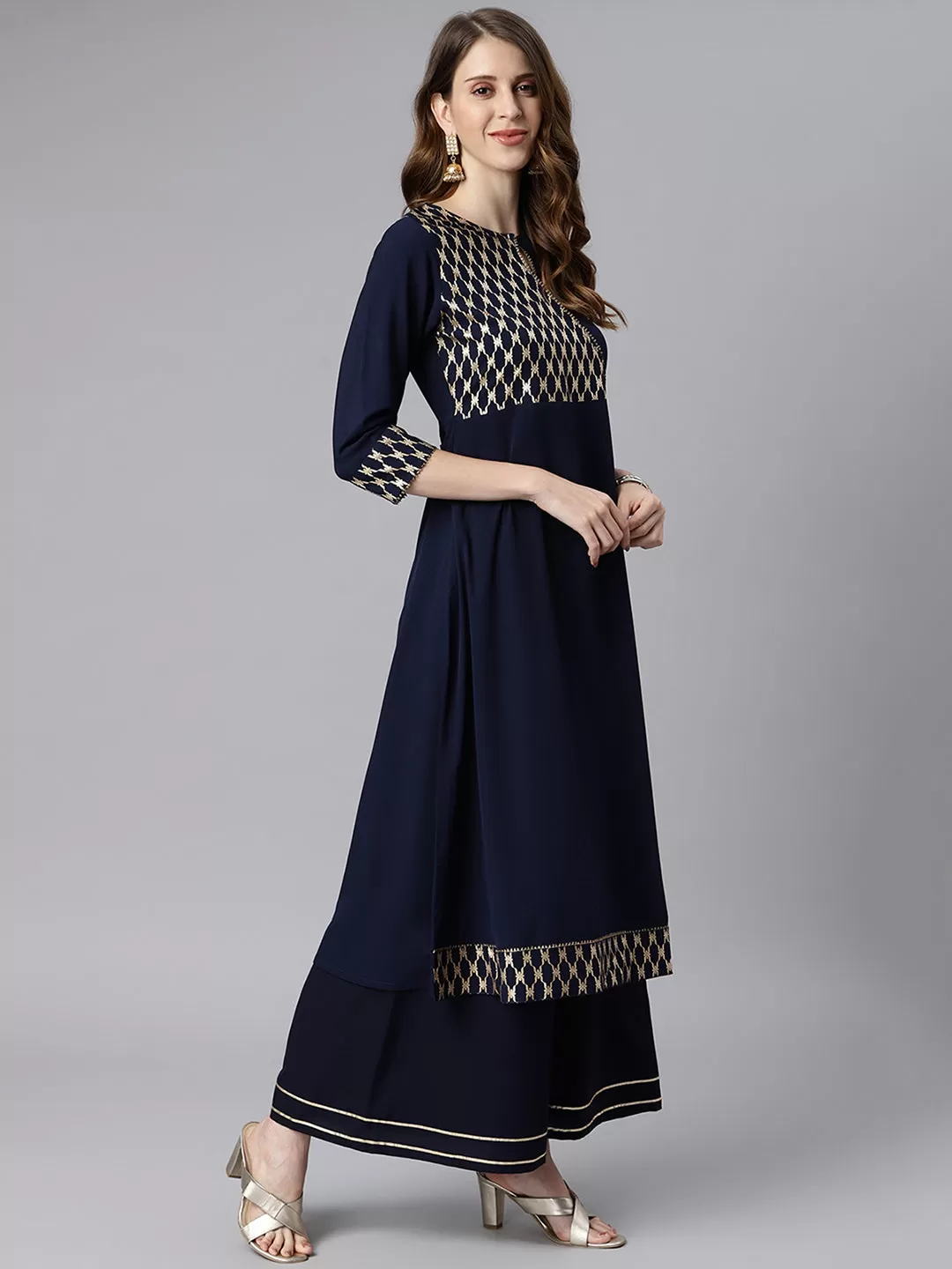 Navy Blue Poly Crepe Ethnic Motifs Flared Kurta