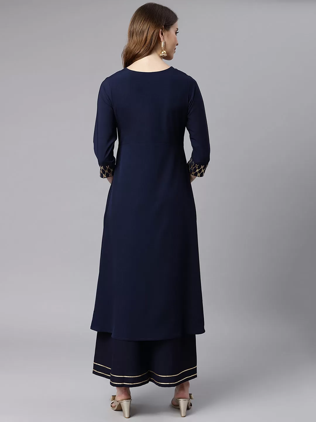 Navy Blue Poly Crepe Ethnic Motifs Flared Kurta