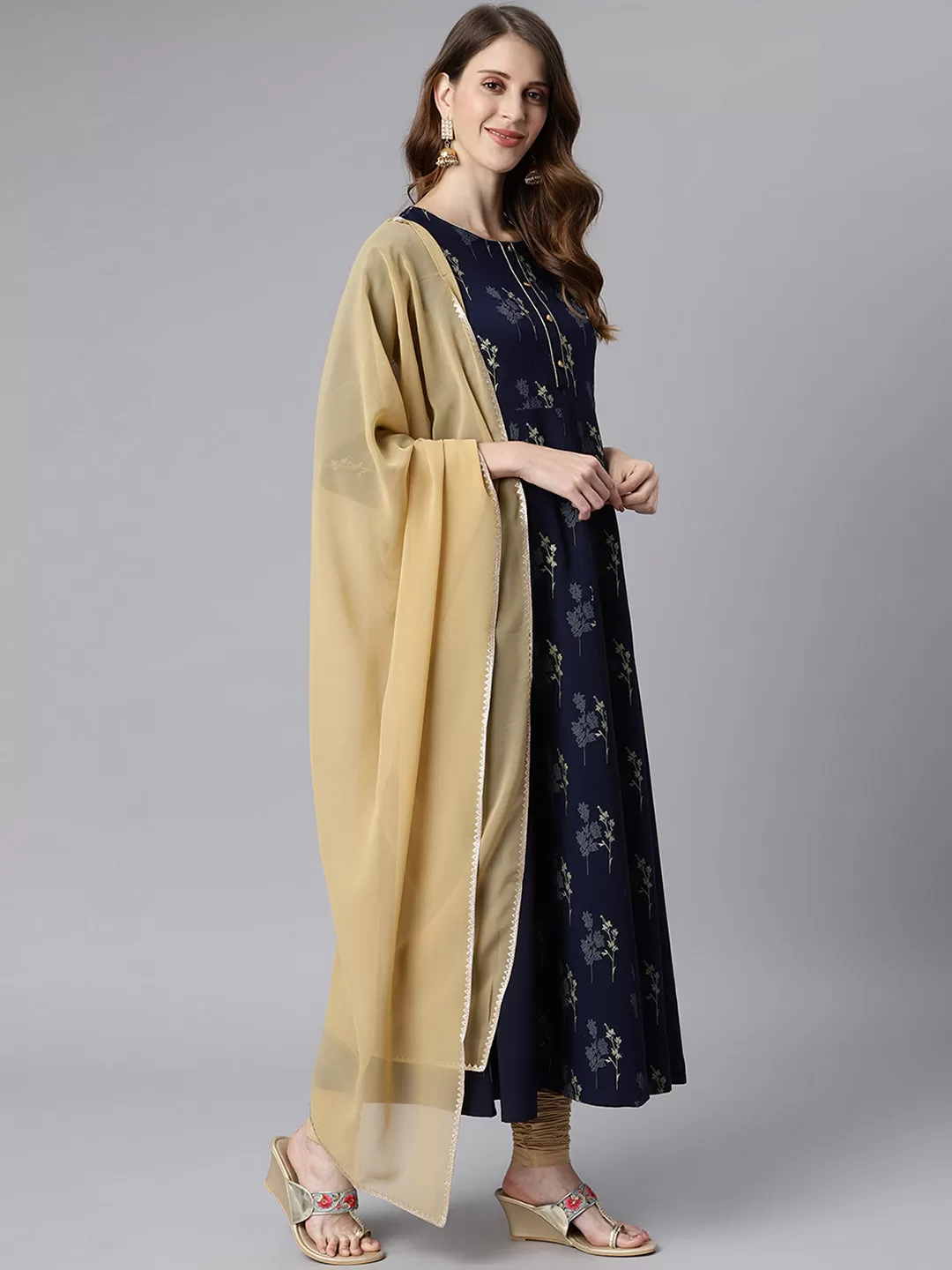 Navy Blue Poly Crepe Floral Print Kurta with Dupatta