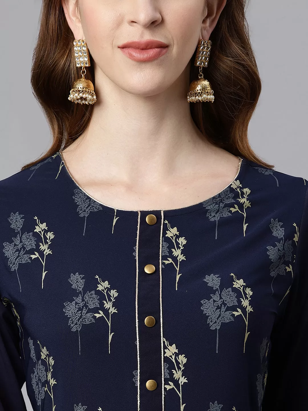 Navy Blue Poly Crepe Floral Print Kurta with Dupatta