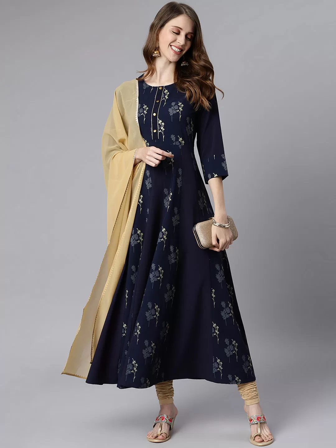 Navy Blue Poly Crepe Floral Print Kurta with Dupatta