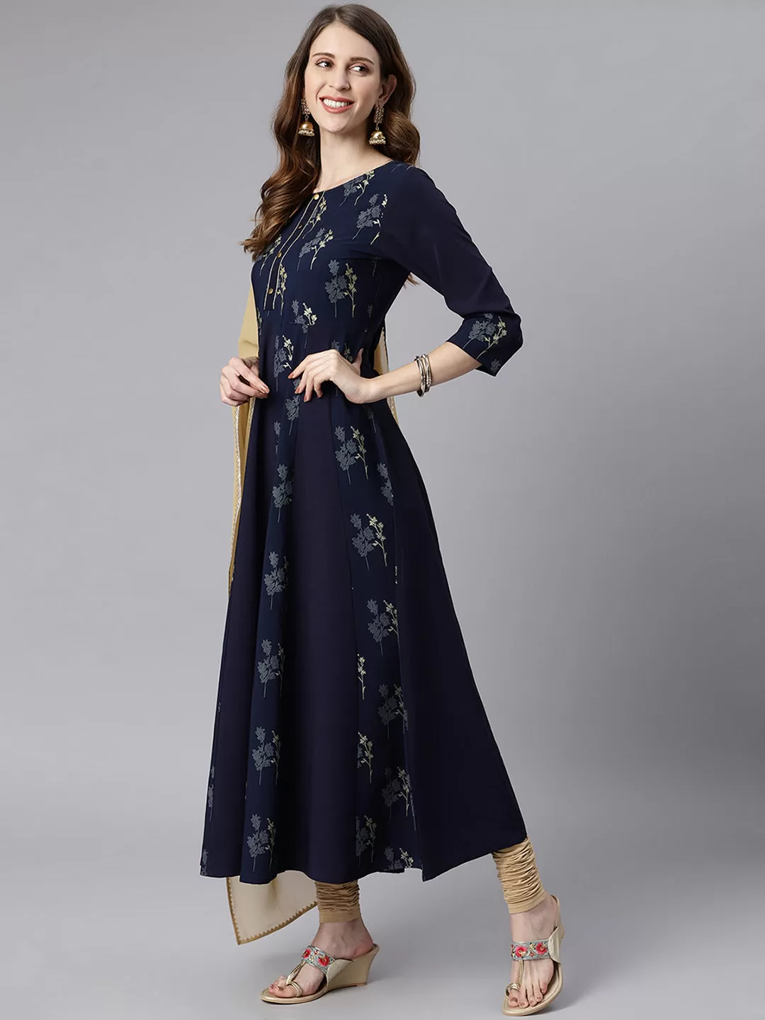 Navy Blue Poly Crepe Floral Print Kurta with Dupatta