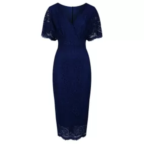 Navy Blue Vintage Lace Detail Bodycon Midi Pencil Dress